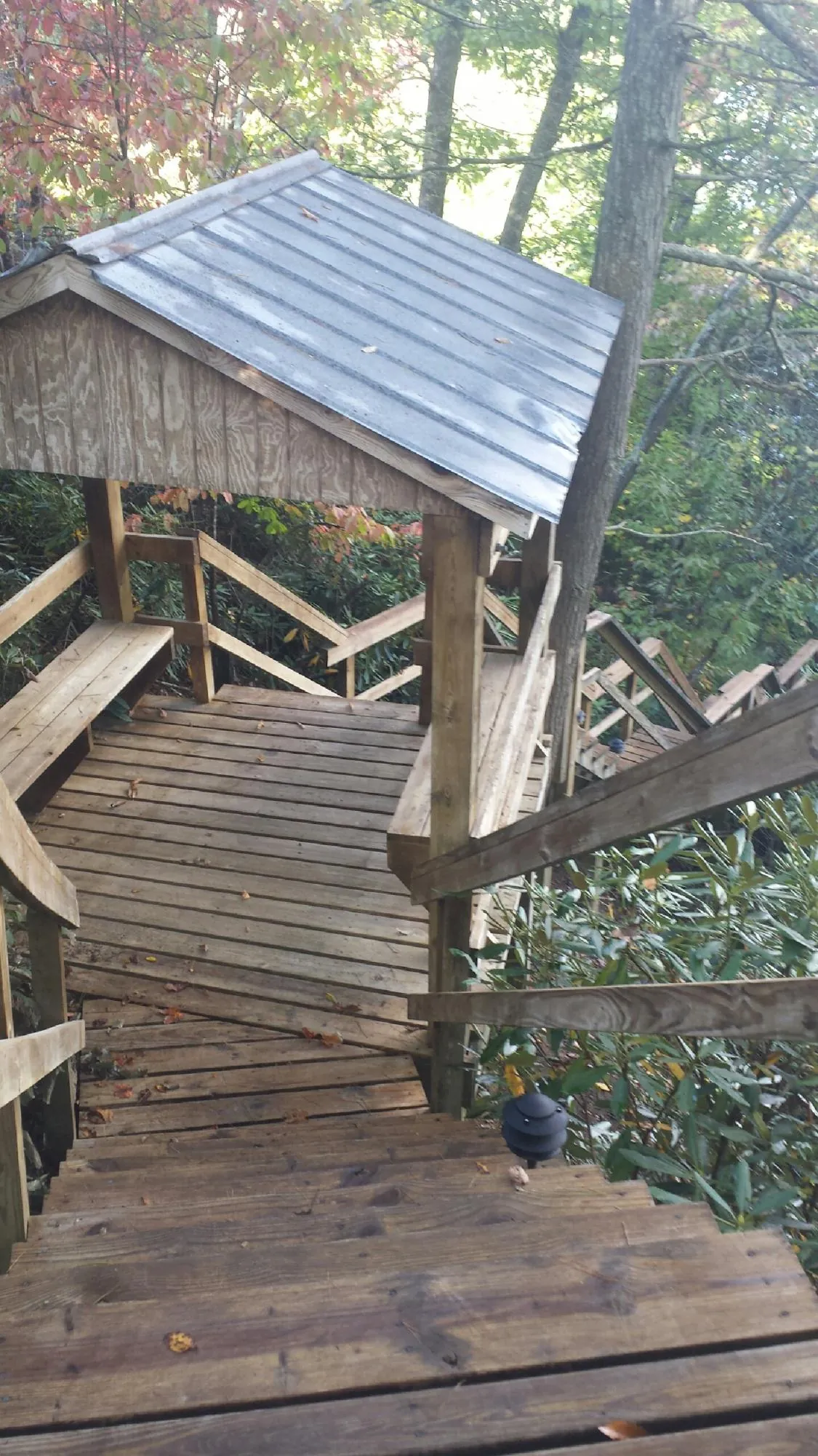Metal roofed shelter over wooden steps on a wooded walkway — Skylight Repair & Installation work by our crew in Douglas City